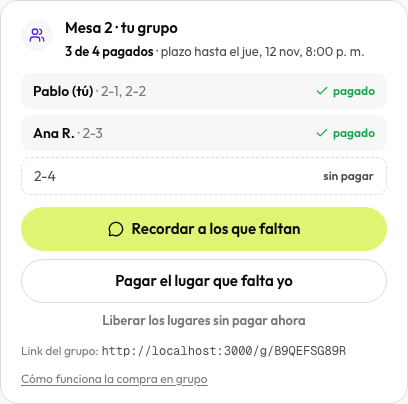Bloque "tu grupo" en el portal de boletos del organizador