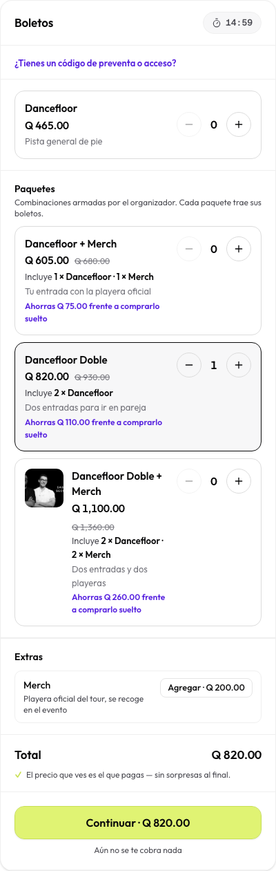 Paquete en la página del evento