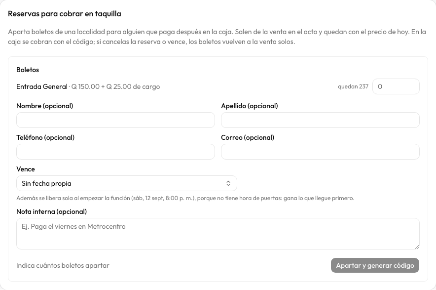 Reservas para cobrar en taquilla